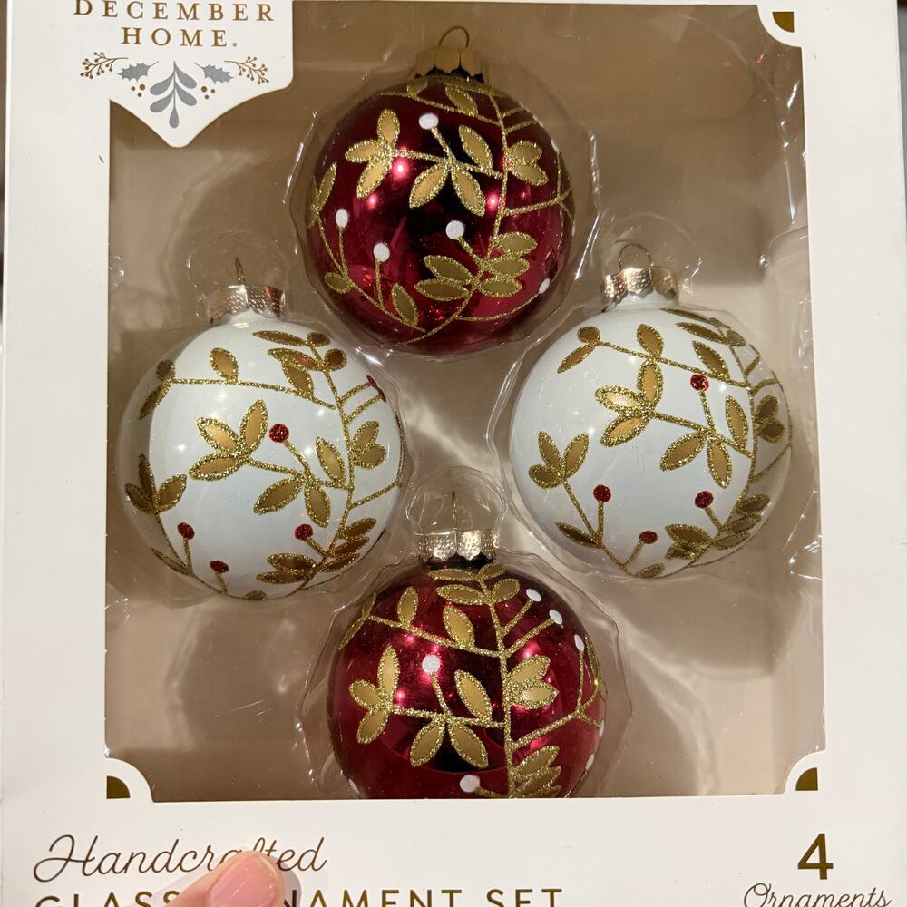 8pcs Christmas Tree Ornaments Handcrafted Glass Set, Glitter Red White Gold - Picture 3 of 6